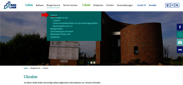 Screenshot der neuen Rubrik "Ukraine" auf der Webseite www.bad-laer.de