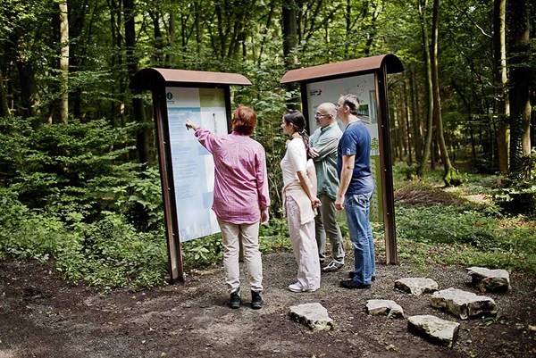 Zwei Frauen und zwei Männer stehen vor einer Informationstafel im Wald und schauen sich etwas an