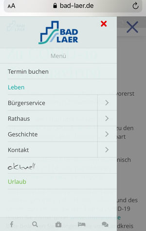 Screenshot der mobilen Homepage-Ansicht bei der Navigation zur Termin-Buchung.