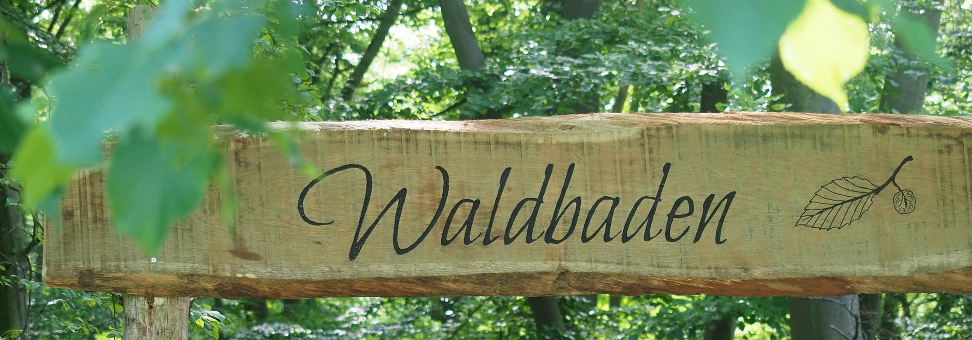 Großes Holzschild, auf dem in geschwungener Schrift Waldbaden steht, inmitten von Baumkronen.